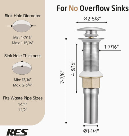 KES All Metal Bathroom Sink Drain with Strainer Basket Hair Catcher Anti Clog Pop Up Drain Stopper for Lavatory Vanity Vessel Sink with Overflow, Rustproof 18/8 Stainless Steel Matte Black S2013A-BK