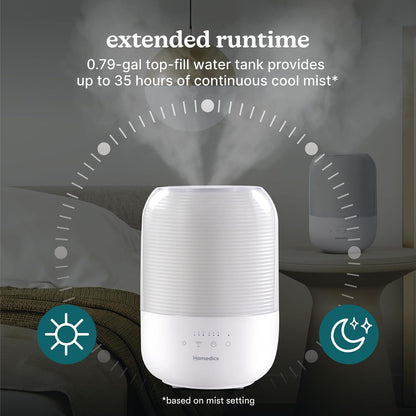 Homedics Ultrasonic Cool Mist Humidifier, Top-Fill 3L Water Tank