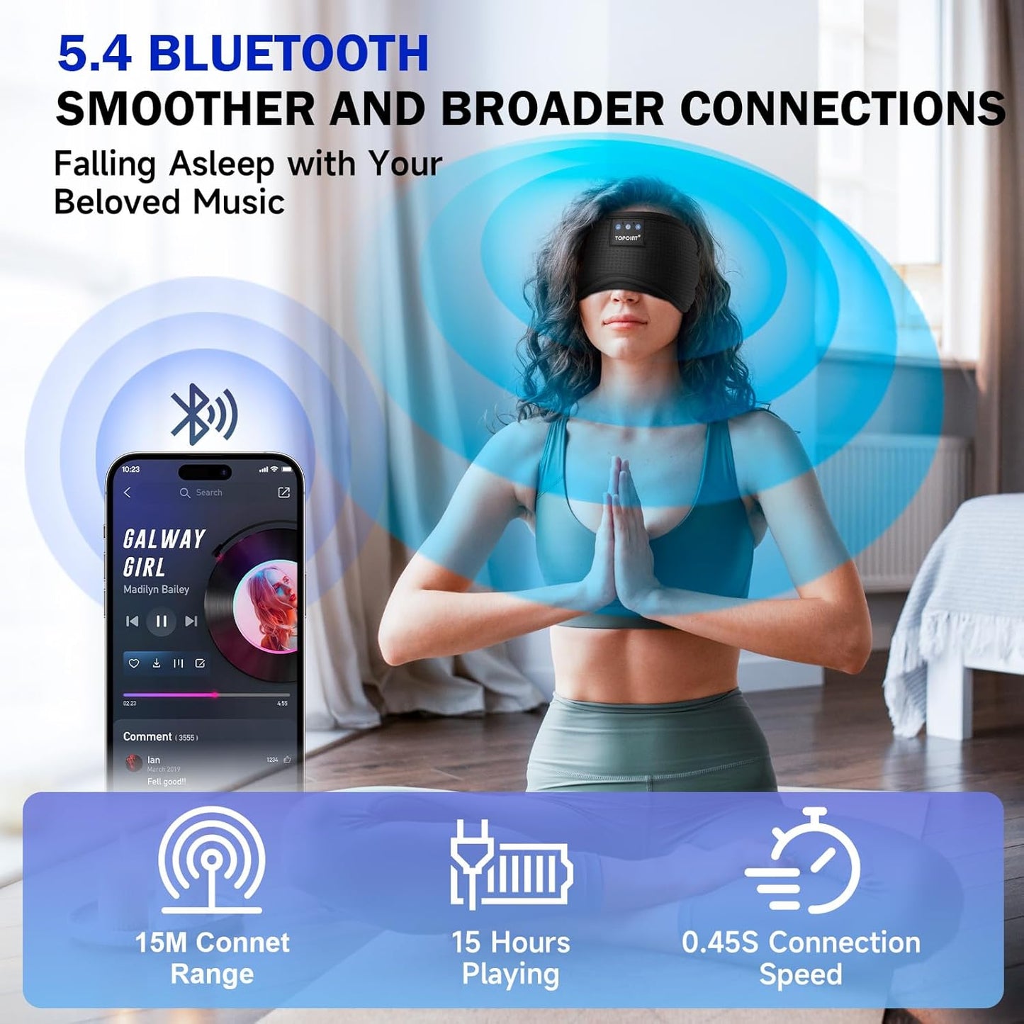 TOPOINT Sleep Mask with Bluetooth Headphones, 3D Eye Mask for Sleep Headphones with White Noise, Total Blackout, 5.4 Bluetooth, Timer, 15 Hours for Women Men, Travel, Meditation, Nap, CPAP Users