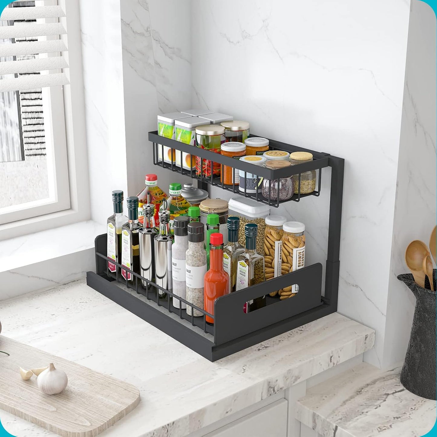 Under Sink Organizer, L-Shaped 2 Tier Pull Out Cabinet Organizer | Slide Out Sink Shelf Cabinet Storage Shelves, Under Sink Storage for Kitchen Bathroom Cabinet, White, 1 Pack