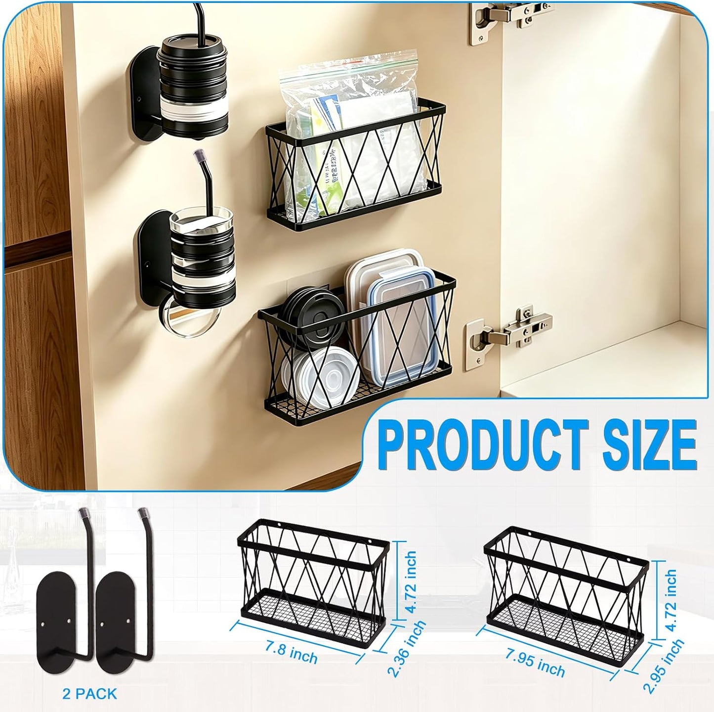 8 Pack Cabinet Door Organizer,No Drill Adhesive Metal Pot Lid Holder with 4 Storage Baskets &4 Tumbler Lid Holders,Rustproof Inside Cabinet Food Container Lid Storage Rack for Kitchen Pantry Bathroom