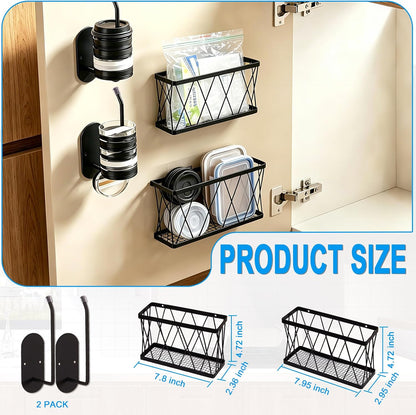 8 Pack Cabinet Door Organizer,No Drill Adhesive Metal Pot Lid Holder with 4 Storage Baskets &4 Tumbler Lid Holders,Rustproof Inside Cabinet Food Container Lid Storage Rack for Kitchen Pantry Bathroom