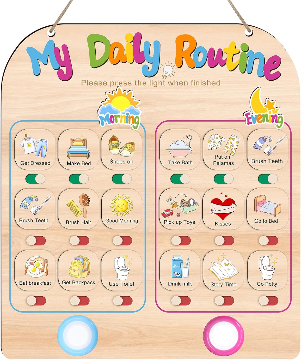Morning Routine Chart for Toddlers, Visual Schedule Chart Planner | to Do List with 6 Tap Lights & 10 Activity Cards, Wooden Checklist Schedule Board for Kids, Autism, Preschoolers, ADHD Tools