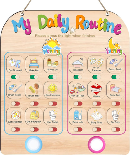 Morning Routine Chart for Toddlers, Visual Schedule Chart Planner | to Do List with 6 Tap Lights & 10 Activity Cards, Wooden Checklist Schedule Board for Kids, Autism, Preschoolers, ADHD Tools
