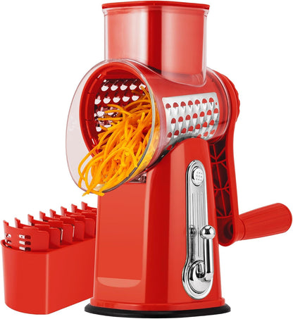 SUSTEAS Rotary Cheese Grater 5 Blades,Kitchen Mandoline Vegetable Slicer | White, Easy to Clean, Strong Suction Base, 5 Blades Storage Box, Round Mandoline Slicer & Food Chopper for Salad