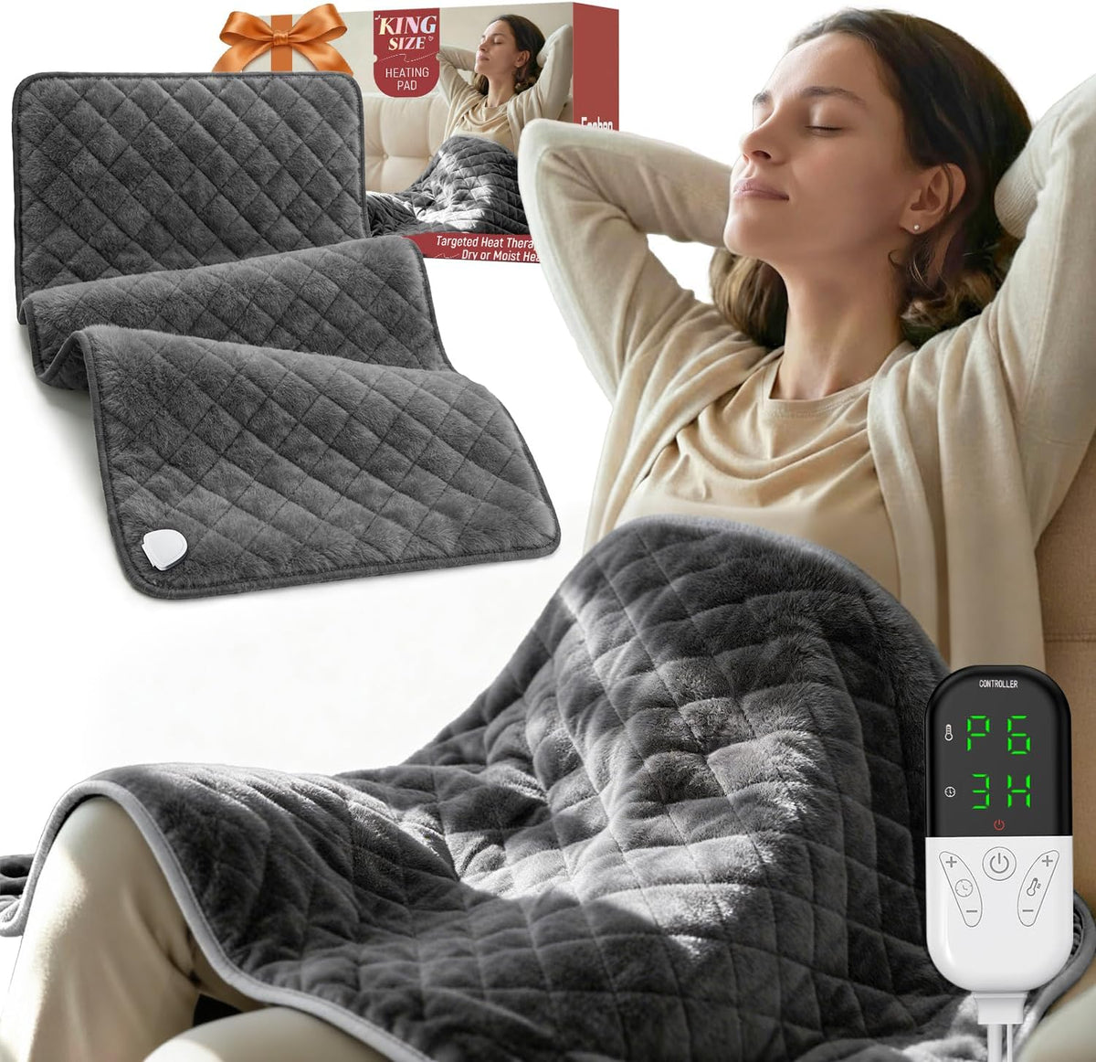 Electric Heating Pad for Back Neck & Shoulders, 35"x20" King Size, Velvet
