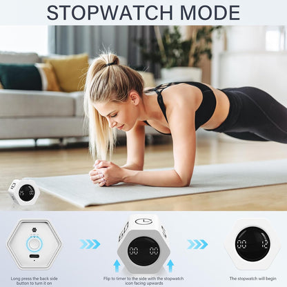 Rotating Productivity Timer 5, 25, 10 30,60 Mins Preset Stopwatch, Desk Flip ProductivityTimer, ADHD Tool Hexagon, Vibration/Mute/Alarm, for Work, Study, Back to School, Kitchen, Black