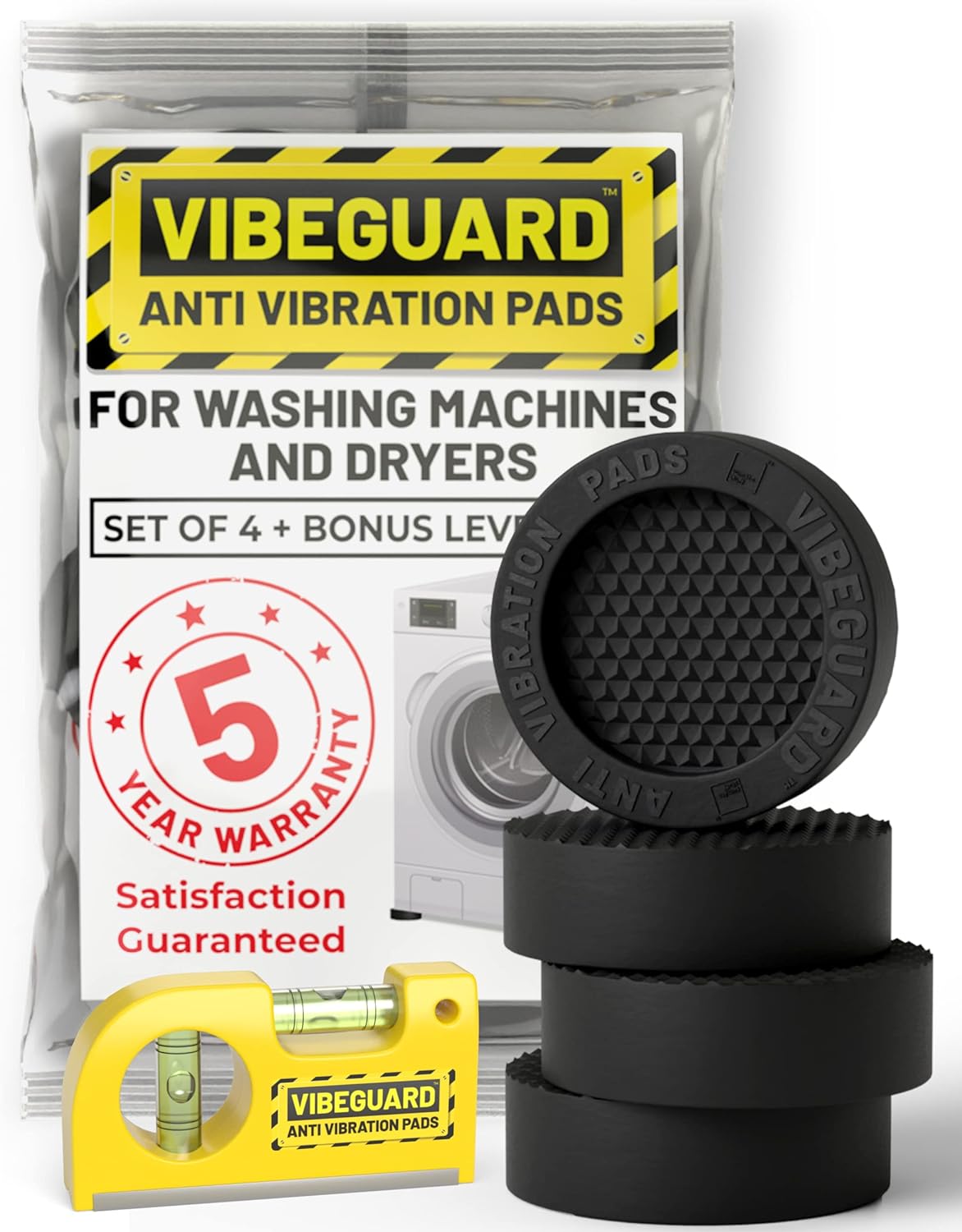 Anti Vibration Pads for Washing Machine, Fit Feet to 2.25in 4 Pack + Level | Stops washer, dryer walking, moving; TrianGrip; rubber shock absorber, stabilizer; spin cycle noise reducer