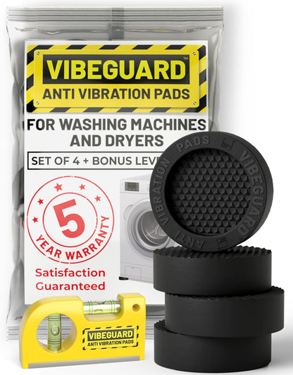 Anti Vibration Pads for Washing Machine, Fit Feet to 2.25in 4 Pack + Level | Stops washer, dryer walking, moving; TrianGrip; rubber shock absorber, stabilizer; spin cycle noise reducer