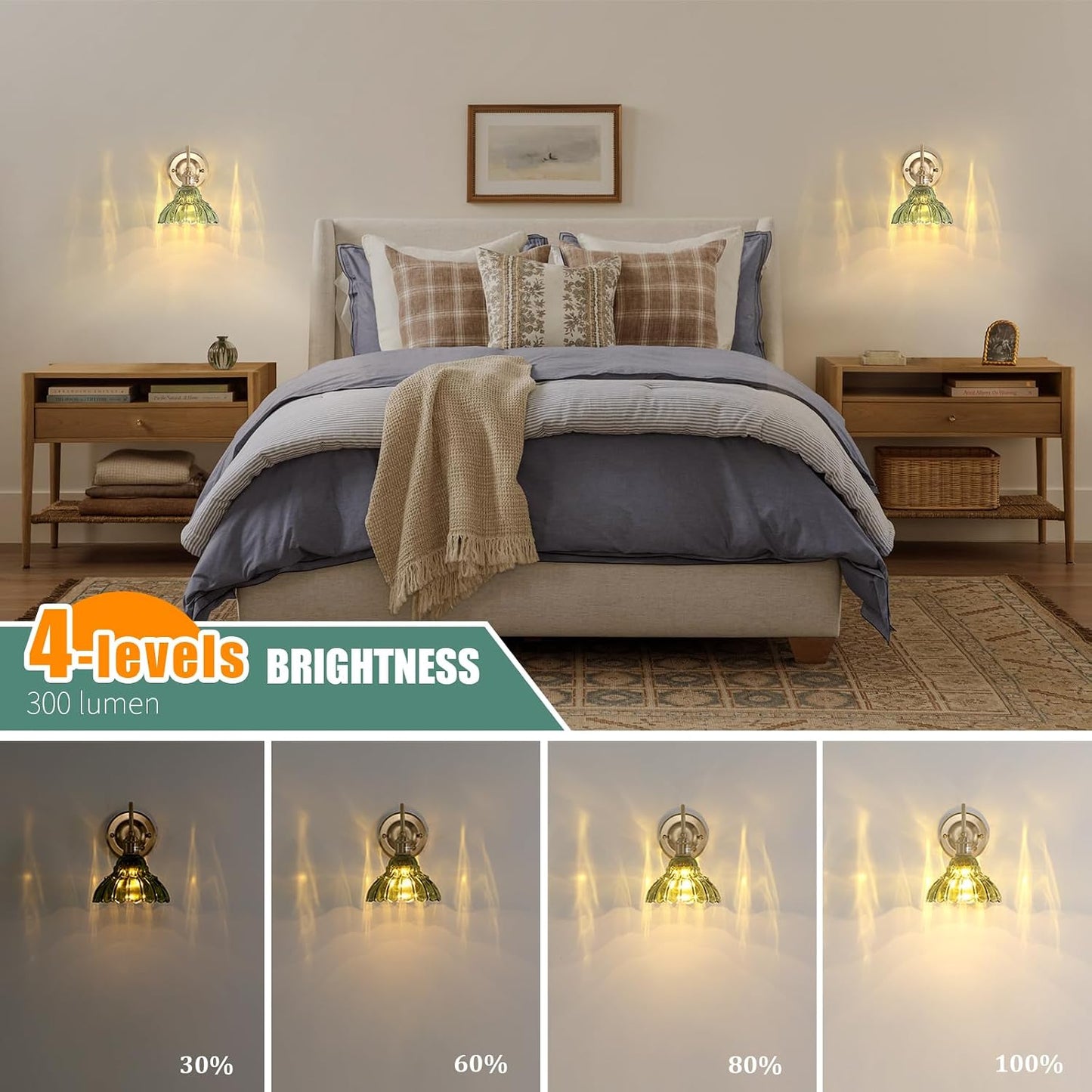Shenmoyl Battery Operated Wall Sconce Wall Lamp with Green Lily of the Valley Shade Pattern Glass Adjustable Chain Retro Gold Wall Mounted Light, Modern Wall Lamp Fixtures Decor for Bedside Bedroom