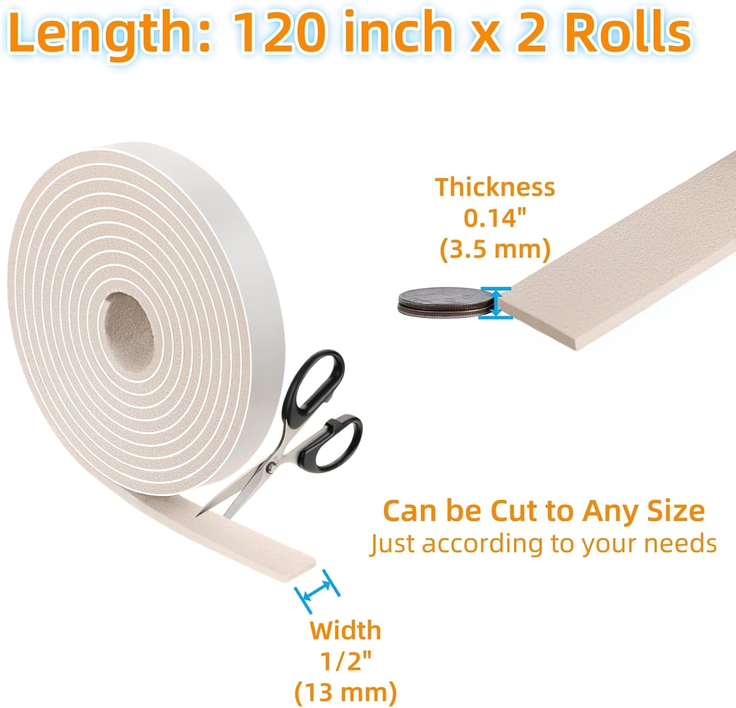 Felt Strips with Adhesive Backing Heavy Duty Cuttable Felt Tape Roll Furniture Pads for Chair Legs - Protecting Hardwood Floors, Chair Wall Protector (Black, 80 x 0.5 x 0.14 Inch)