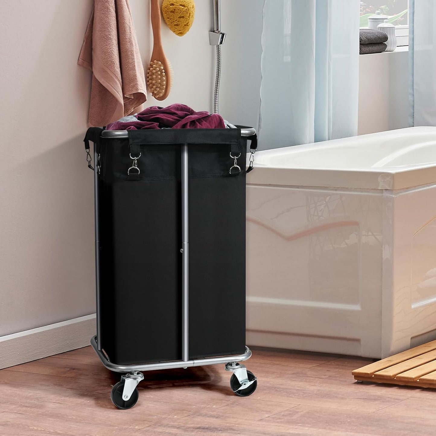100L Rolling Laundry Hamper Basket with Wheels for Bedroom, Grey | Laundry Sorter Cart with Removable Bag, Tall Narrow Slim Clothes Organizer, Sturdy Metal Frame, Dorm Space Saving