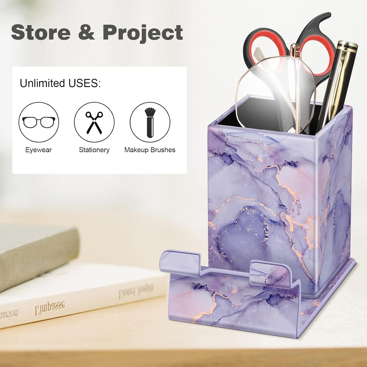 FINTIE Pencil Holder With Phone Stand, Eyeglasses Holder, Desktop Organizer | Nightstand Glasses Holder, Desktop Organizer, For Remote/Pen Storage, Office Supplies Case, Home Decor