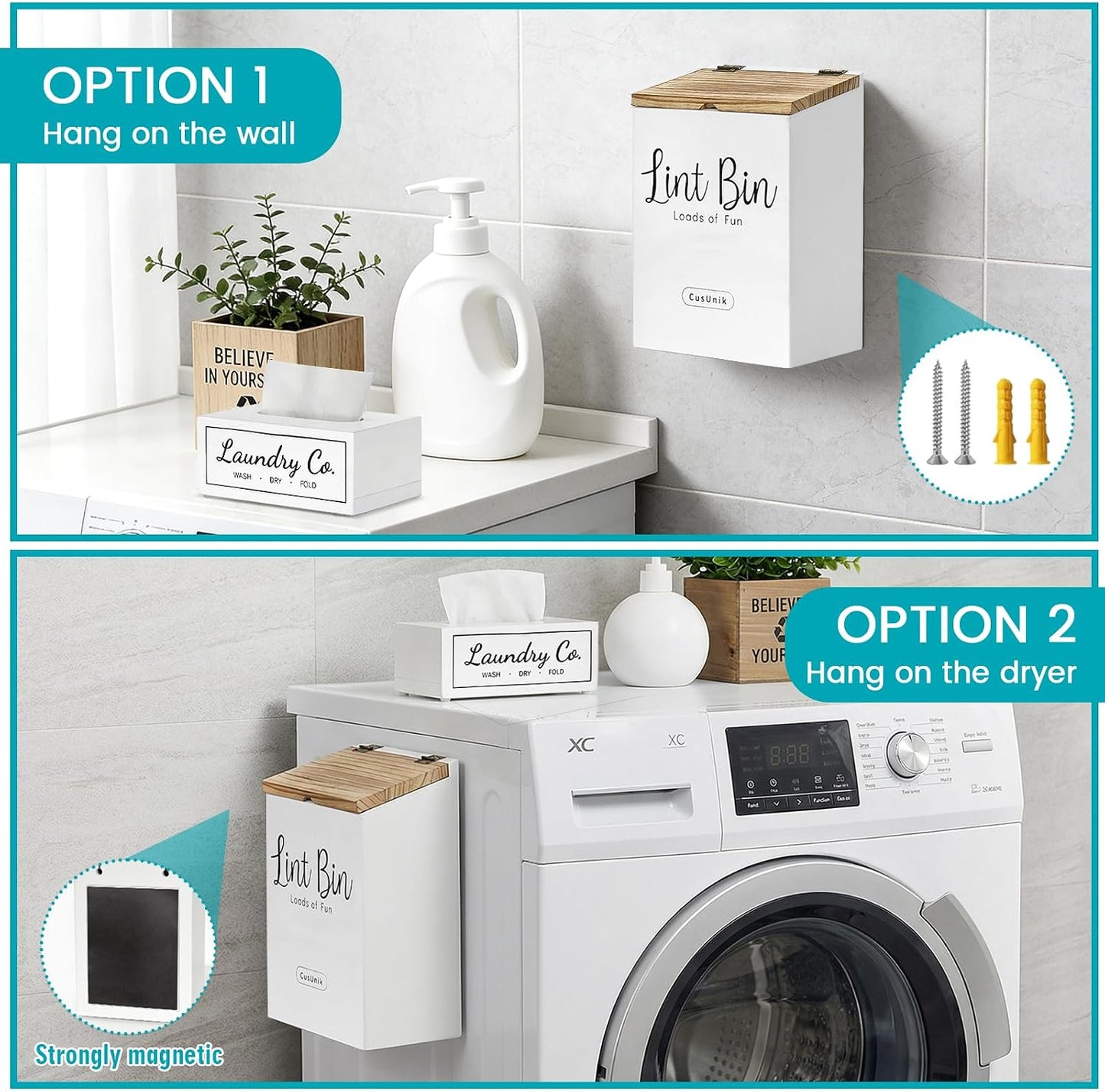 Magnetic Lint Bin and Dryer Sheet Holder Set for Laundry Room Organization | Wall Mounted Laundry Organization and Storage,Wooden Lint Trash Can with Lid and dryer sheet dispenser,Laundry Room Trash Can