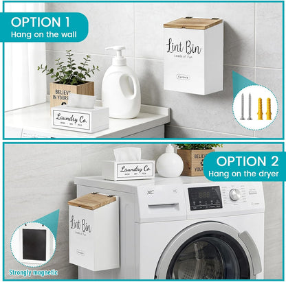 Magnetic Lint Bin and Dryer Sheet Holder Set for Laundry Room Organization | Wall Mounted Laundry Organization and Storage,Wooden Lint Trash Can with Lid and dryer sheet dispenser,Laundry Room Trash Can