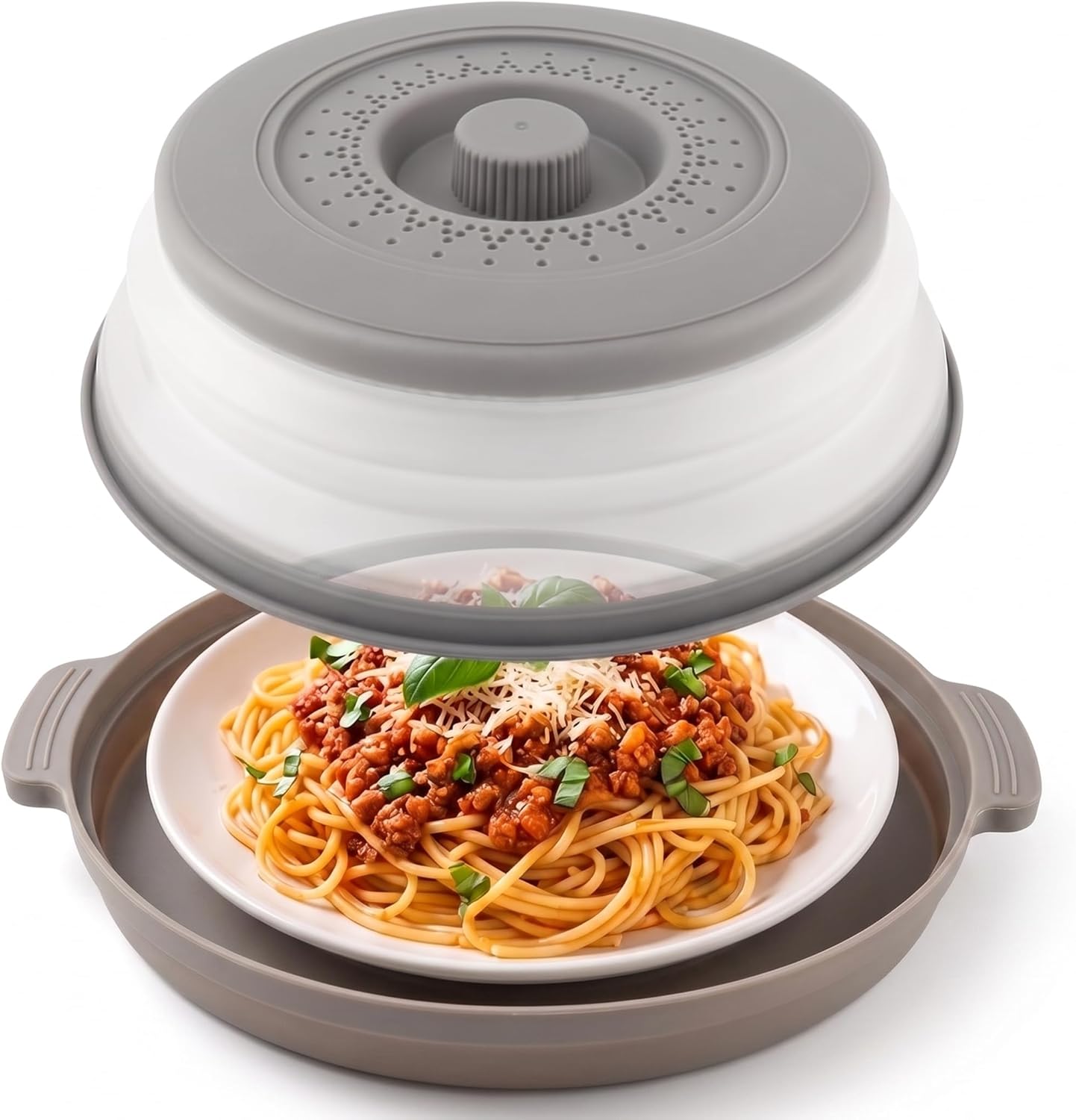Microwave Cover for Food, 2-in-1 Microwave Splatter Cover with Anti-Scald Base Plate, Collapsible Microwave Food Cover for Reheating & Meal Prep, Magnetic Microwave Splatter Cover Alternative