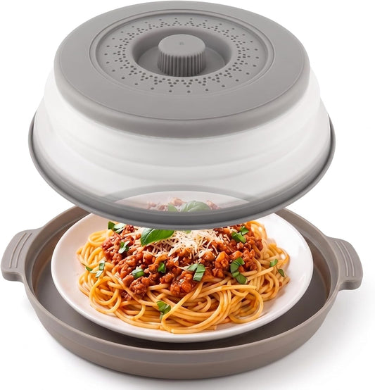 Microwave Cover for Food, 2-in-1 Microwave Splatter Cover with Anti-Scald Base Plate, Collapsible Microwave Food Cover for Reheating & Meal Prep, Magnetic Microwave Splatter Cover Alternative