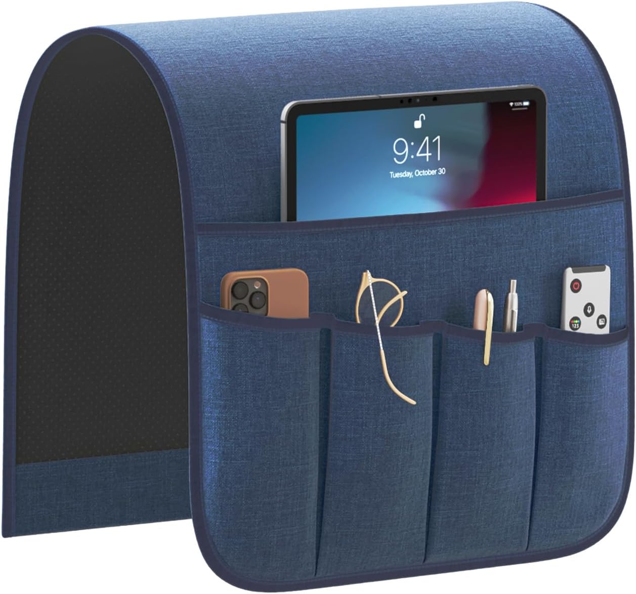 Sofa Armrest Organizer Non-Slip Remote Control Holders for Recliner Couch Chair Armchair Caddy with 5 Pockets for Table,Cell Phone,Ipad,Magazines,Books (Black, 13 x 35 Inch)