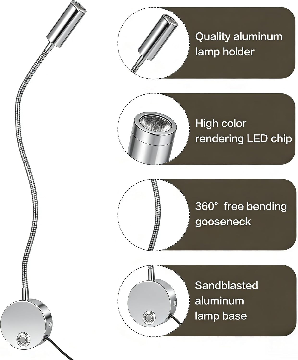 Reading Light for Bed, Wall Mounted Reading Lights with 15" Flexible Gooseneck, Touch Control, 3 Colors Temperature and Stepless Dimmable, Plug in Headboard Book Light(2 Pack)