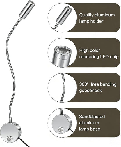 Reading Light for Bed, Wall Mounted Reading Lights with 15" Flexible Gooseneck, Touch Control, 3 Colors Temperature and Stepless Dimmable, Plug in Headboard Book Light(2 Pack)