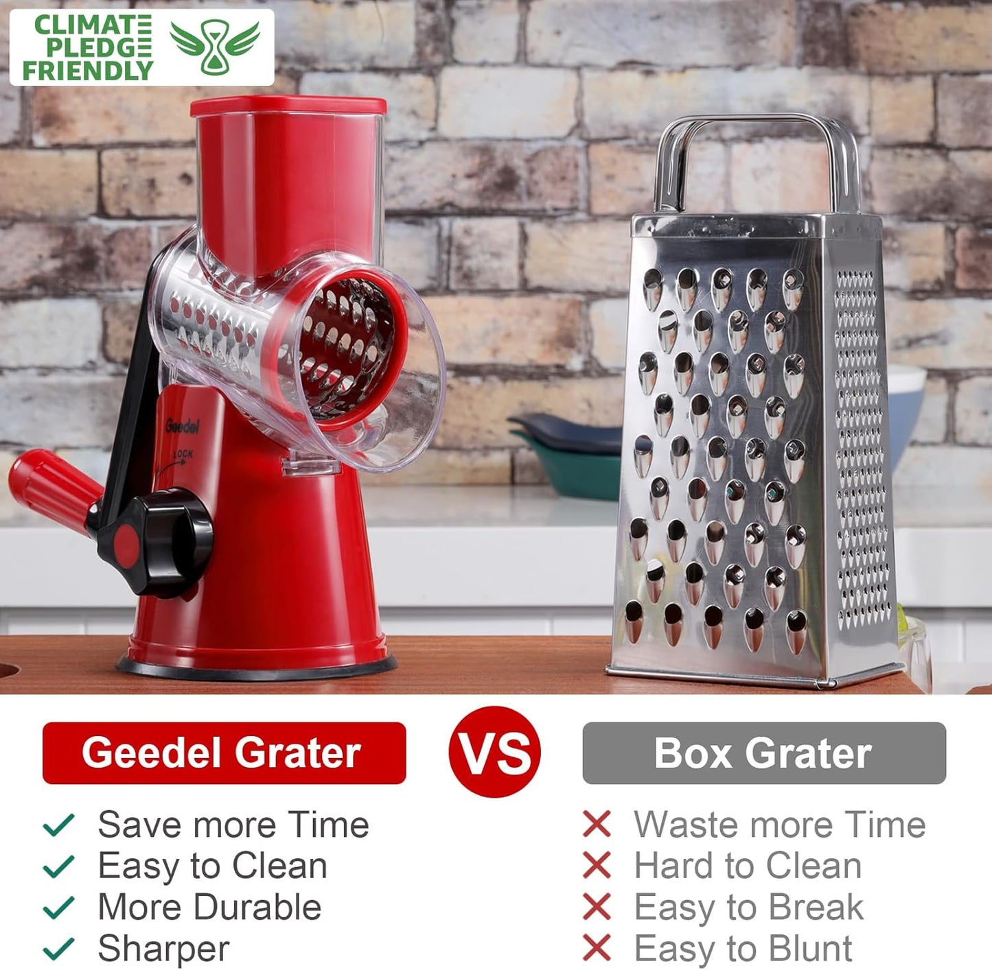 Geedel Rotary Cheese Grater, Kitchen Mandoline Vegetable Slicer with 3 Interchangeable Blades, Easy to Clean Rotary Grater Slicer for Fruit, Vegetables, Nuts | 3 Blades, 430 Stainless Steel, 12x Fast Cutting, Strong Suction Base, No BPA, Dishwasher Safe,