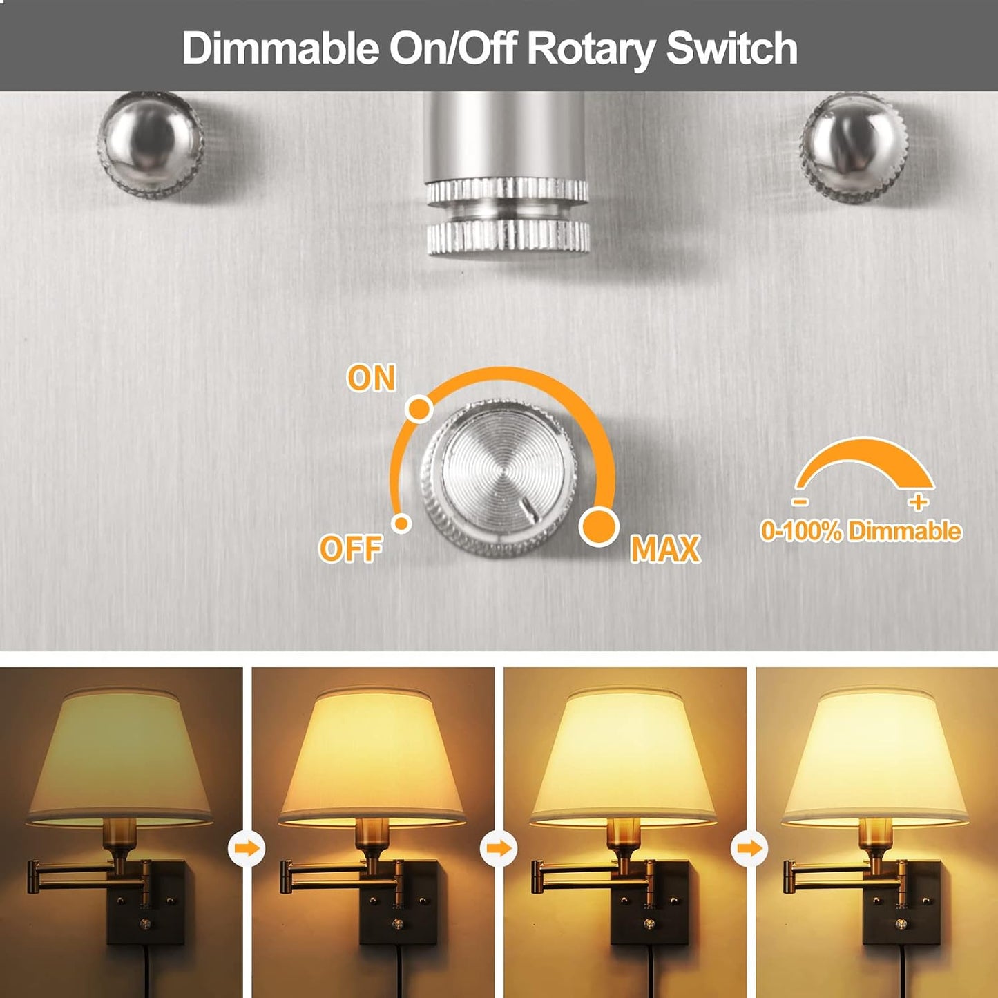 TRLIFE Wall Sconce Plug in, Dimmable Wall Sconces Set of Two Swing Arm Wall Lights with Plug in Cord and On/Off Dimmer Rotary Switch, 9.4" Medium Beige Fabric Shade(2 Pack, 2 Bulbs)