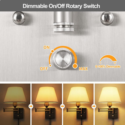 TRLIFE Wall Sconce Plug in, Dimmable Wall Sconces Set of Two Swing Arm Wall Lights with Plug in Cord and On/Off Dimmer Rotary Switch, 9.4" Medium Beige Fabric Shade(2 Pack, 2 Bulbs)