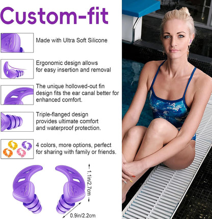 Waterproof Swimming Ear Plugs for Adults Kids, 3 Pairs Reusable Silicone | Reusable swim earplugs for pools, surfing, diving, showering and water sports, Keep Water Out and Ear Protection