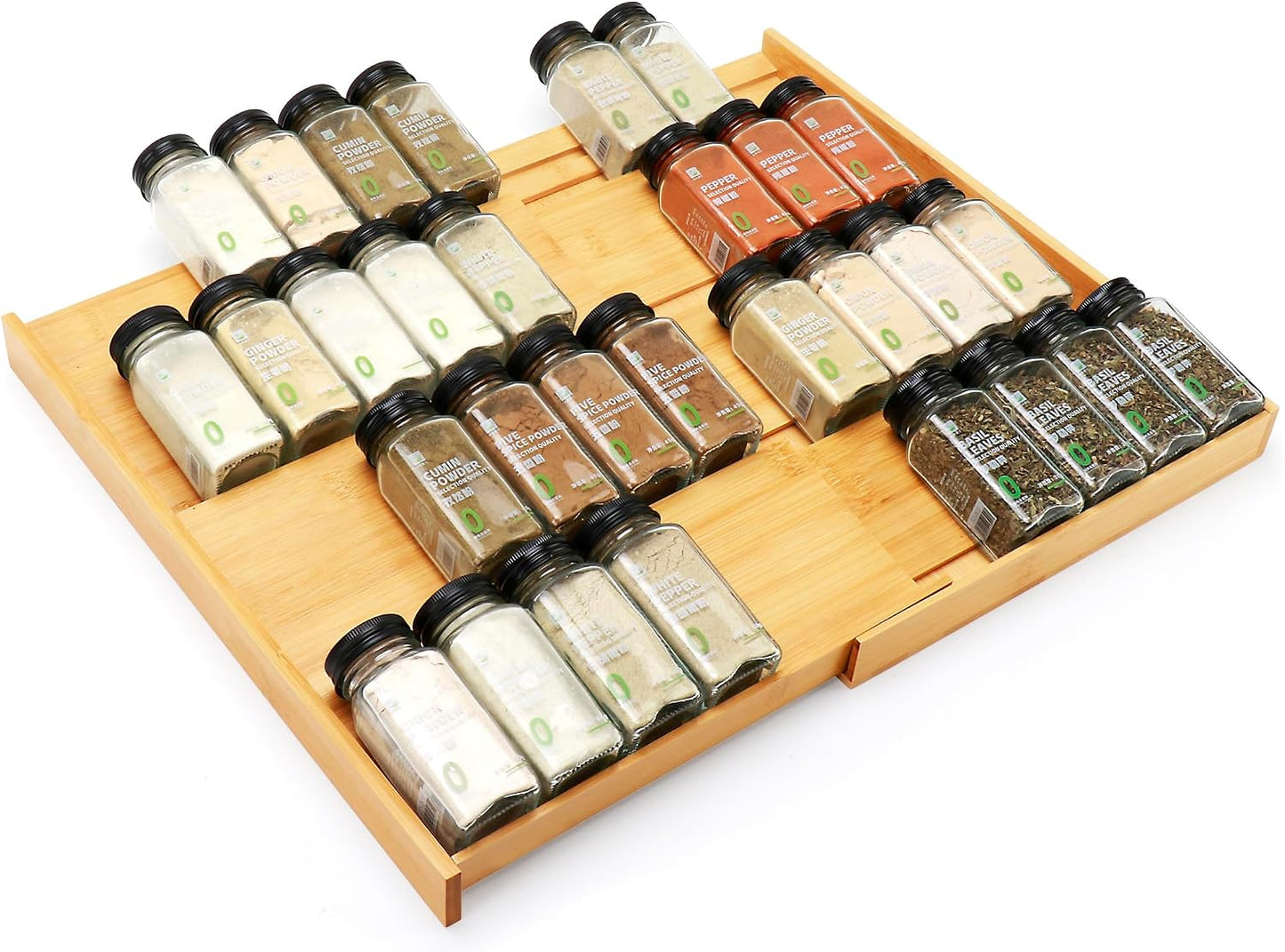Bamboo Spice Drawer Organizer, 4-Tier Spice Rack for Cabinet | 12"-23" Expandable,No Assembly,Seasoning Storage Insert,(Need 3.1” Deep Drawer) Spice Organizer for Drawer,Jars Not Included