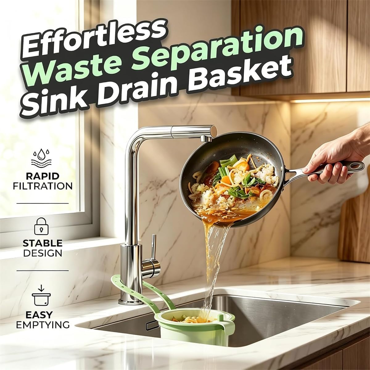 Sink Drain Strainer Self-Cleaning Faucet Hanging Filter Basket, Multifunctional Kitchen Sink Strainer Press Automatic Dumping Basket (Green)