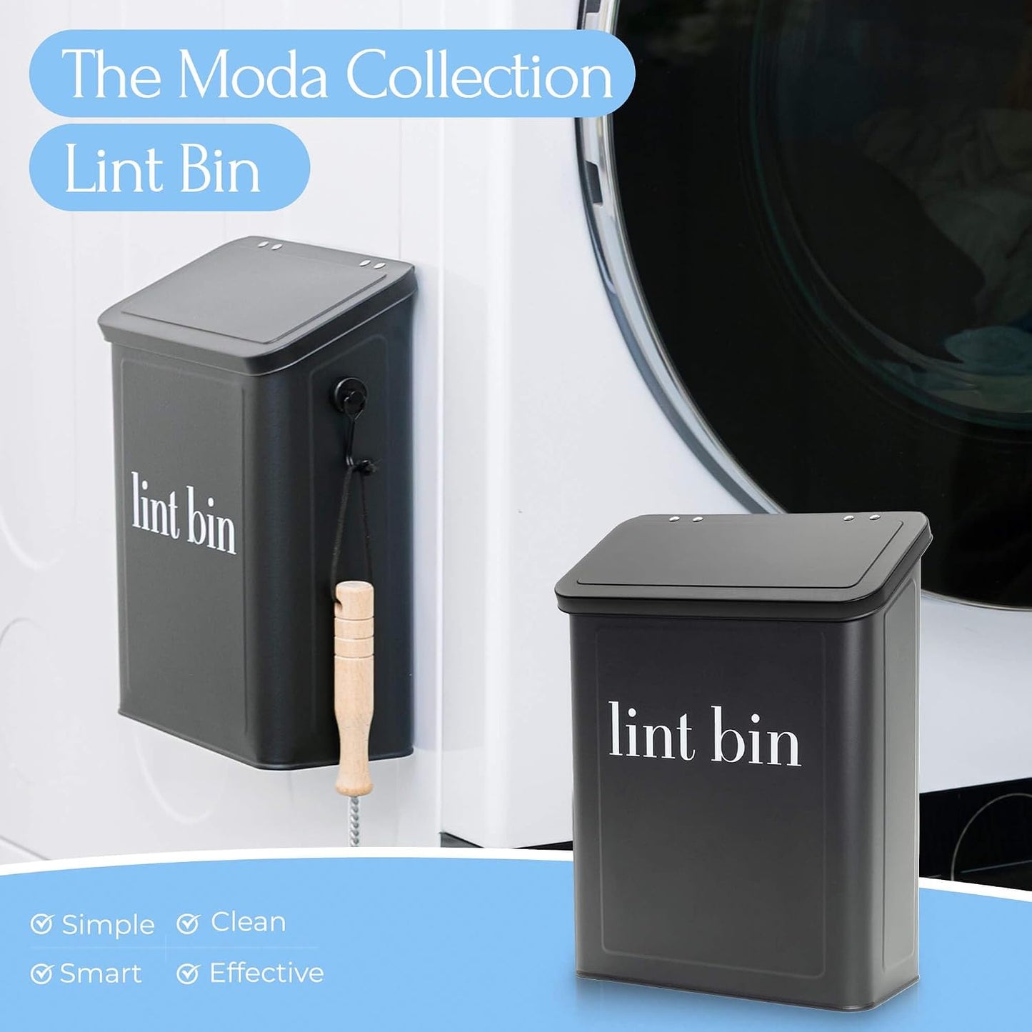 Magnetic Laundry Lint Bin for Dryer | Wall-Mounted Small Trash Can for Laundry Room | Includes Magnetic Hook & Lint Brush | Space-Saving Magnetic Laundry Trash Can | Matte White