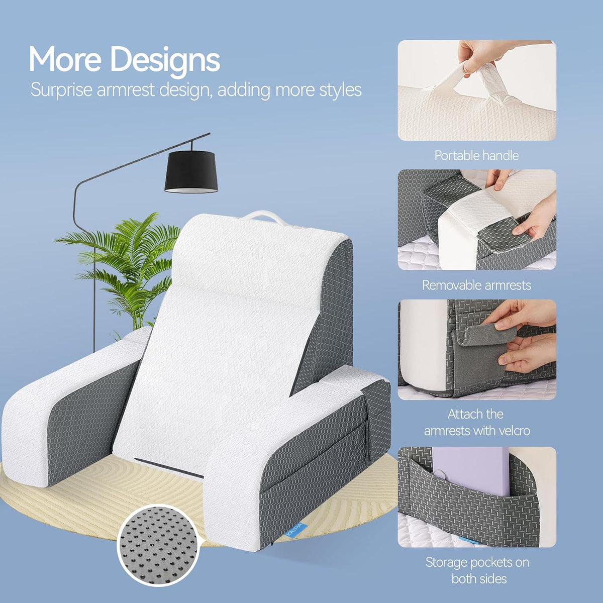 Kayfia Reading Pillow, Gel Memory Foam Back Rest Pillow, 19", Gray