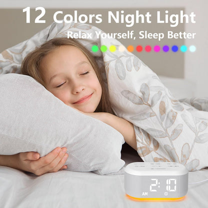 White Noise Alarm Clock Sound Machine for Bedroom Small Brown Noise Machine with 30 Soothing Sound Plug in Bedside Clock with NightLight Battery Backup 15 Wake up Sound Clock for Kids Heavy Sleeper