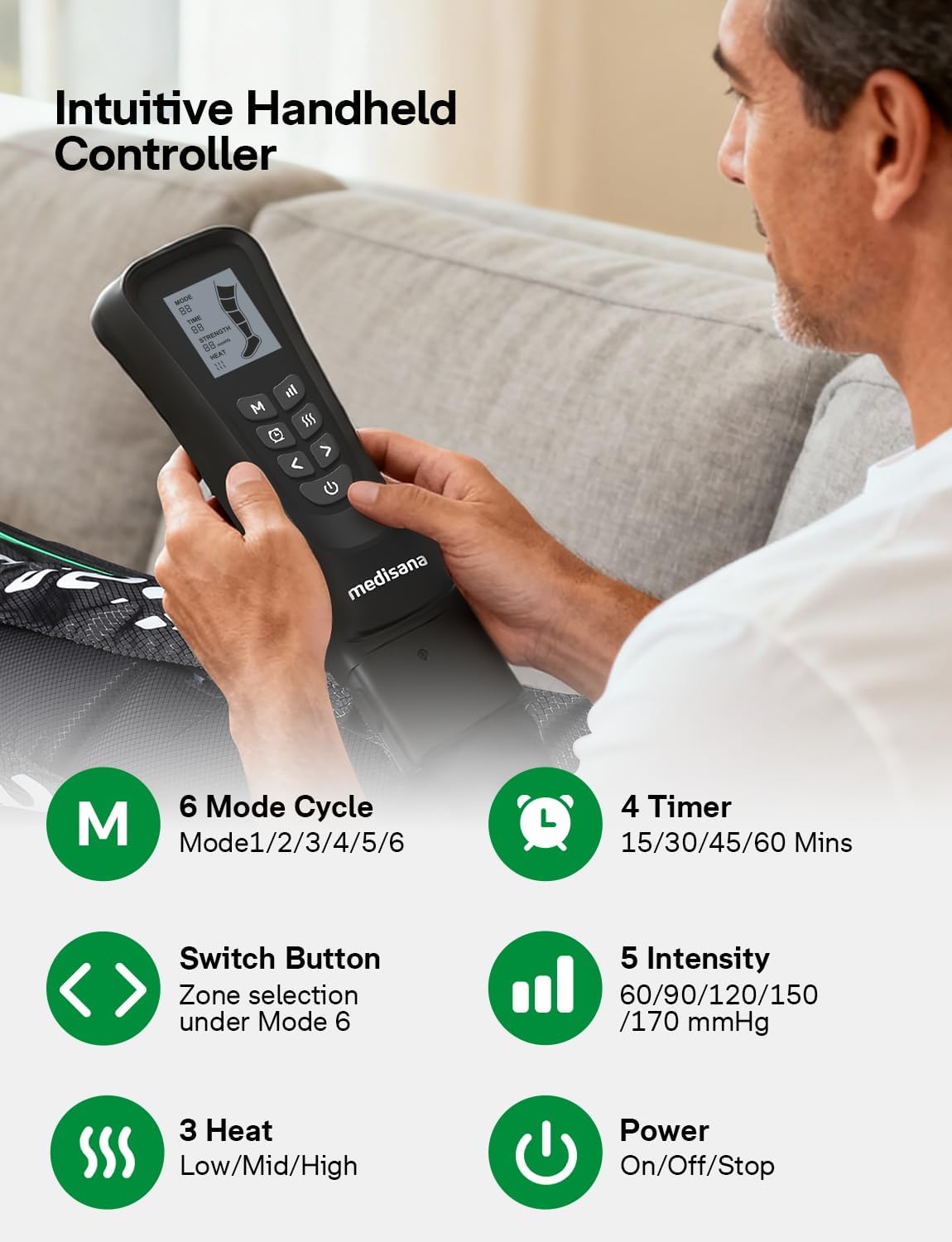 Medisana Leg Compression Massager with Heat, Leg Massager for Circulation and Pain Relief, Compression Boots with 5 Modes & 3 Heat Levels for Edema Relief, Gifts for Mom, Dad, Him, Her