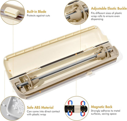Aluminum Foil & Plastic Wrap Dispenser with Cutter - Easy One-Hand Operation, Space-Saving Kitchen Organizer for Worktops & Cabinets, Magnetic Cling Film Dispenser - Fits 12" Rolls, Latte