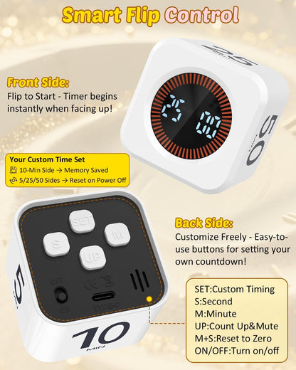 Digital Pomodoro Timer Cube 5/10/25/50min Preset, Silent & Sound Alarm | Visual Productivity Flip Timer for Kids Classroom Desk, Custom Countdown, Gravity Sensor, for ADHD Study Work Game Kitchen