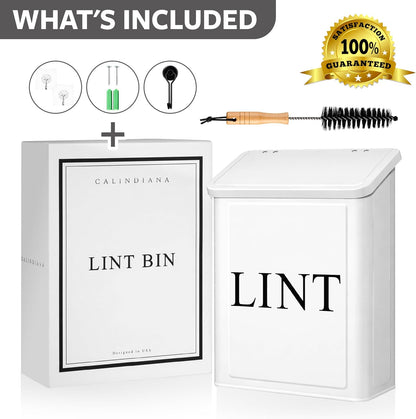 Calindiana Modern Farmhouse Metal Magnetic Lint Bin with Lid and Laundry Room Organization and Storage Wall Mount Space Saving Washer and Dryer Trash Can (White (LINT Brush Set))