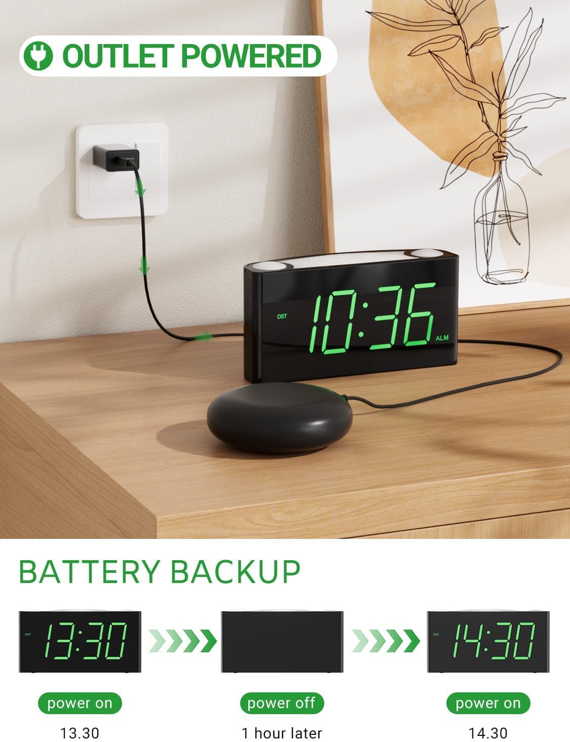 Extra Loud Vibrating Alarm Clock with Bed Shaker for Heavy Sleeper Deaf Hard of Hearing, Large LED Display Digital Clock for Bedroom,Dimmer,Night Light,USB Phone Charger,Battery Backup,Senior Teen Kid