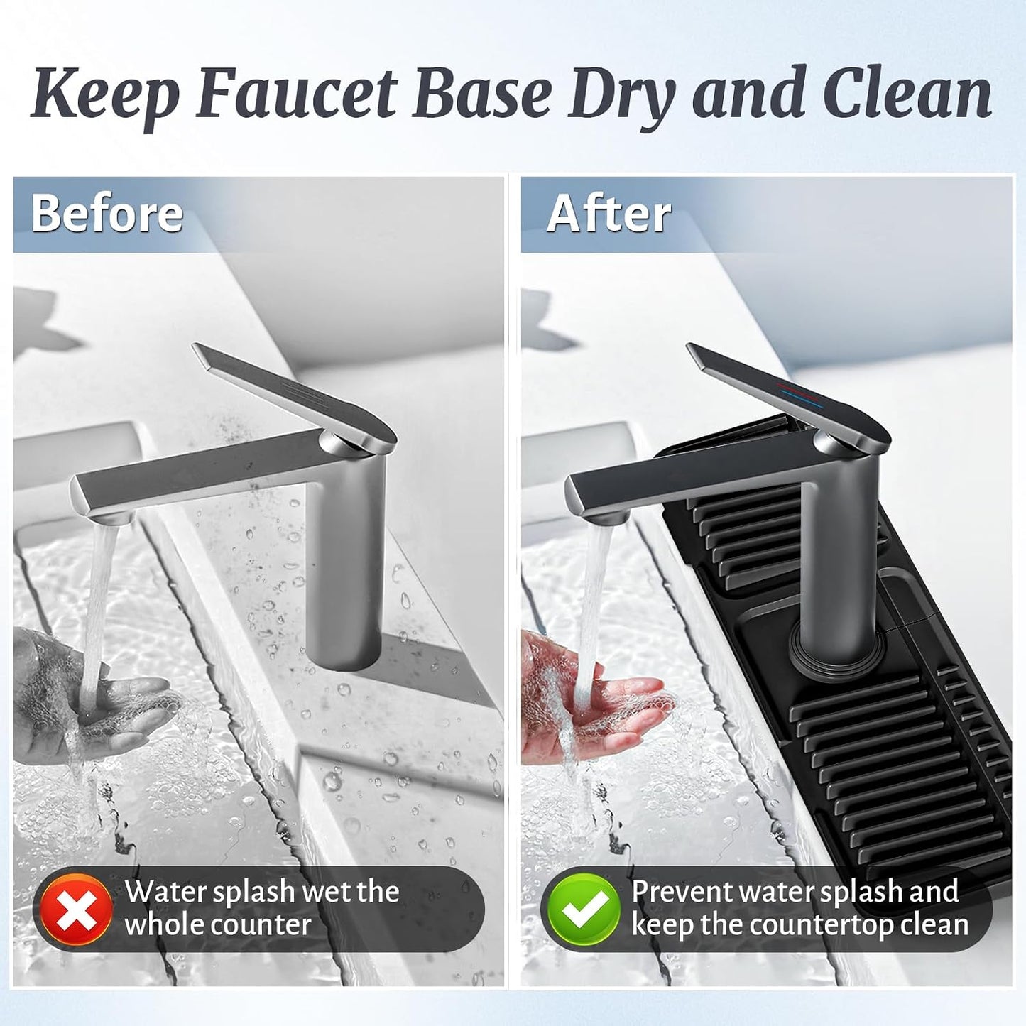 PoYang 24 Inch Faucet Mat for Kitchen Sink Splash Guard, Silicone, Black | Sink Protectors with 7° Slope for Smooth Drainage, Snap Button Holds It in Place, 90° Foldable & Cuttable Hole Fit Most Sinks