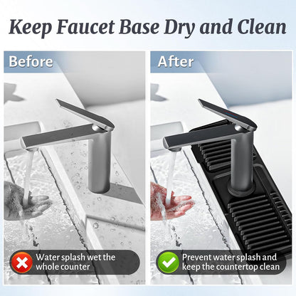 PoYang 24 Inch Faucet Mat for Kitchen Sink Splash Guard, Silicone, Black | Sink Protectors with 7° Slope for Smooth Drainage, Snap Button Holds It in Place, 90° Foldable & Cuttable Hole Fit Most Sinks