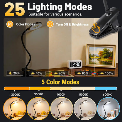 Clip on Reading Light for Bed Headboard, 5 Colors & 5 Brightness, Black