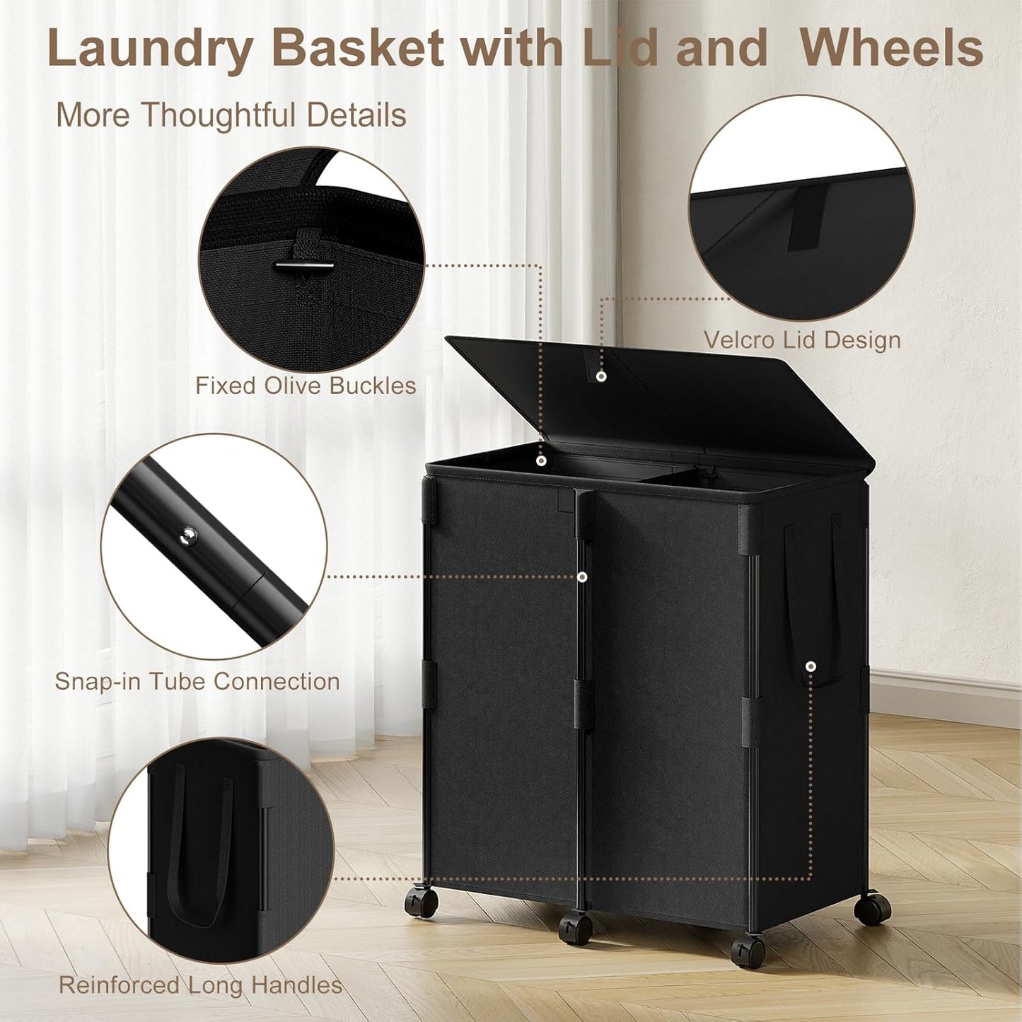 140L Double Laundry Hamper with Lid and 6 Wheels, Rolling Laundry Basket | Gasvadivum Metal Frame Laundry Sorter 2 Section with 2 Removable Bags, Large Clothes Cart for Bedroom, Bathroom, Black