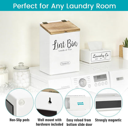 Magnetic Lint Bin and Dryer Sheet Holder Set for Laundry Room Organization | Wall Mounted Laundry Organization and Storage,Wooden Lint Trash Can with Lid and dryer sheet dispenser,Laundry Room Trash Can