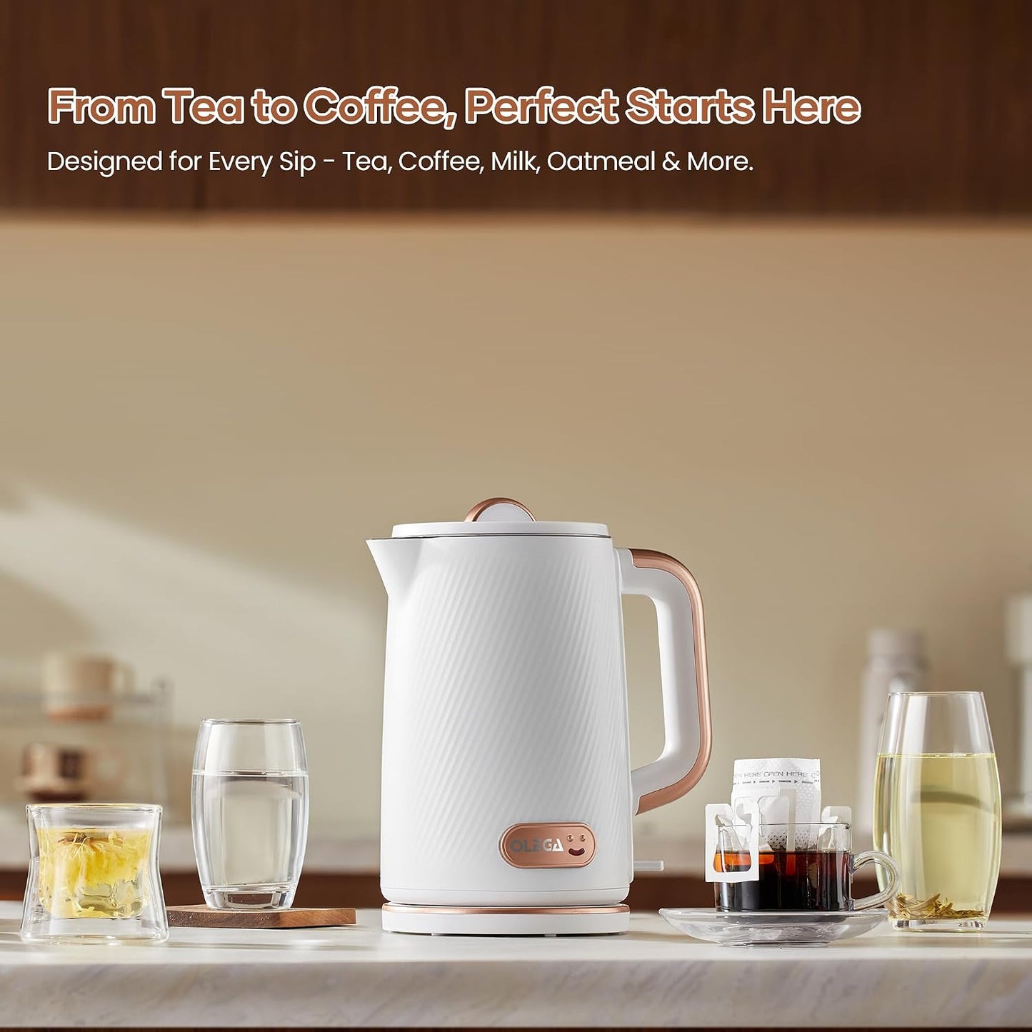OLEGA Electric Tea Kettle: 1200W Fast Boil Electric Water Kettles 1.5L | Stainless Steel Kettle; Large Electric Water Kettle; Plastic Free Teapot; Auto Shut-Off Water Boiler; Fast Boil Kettles