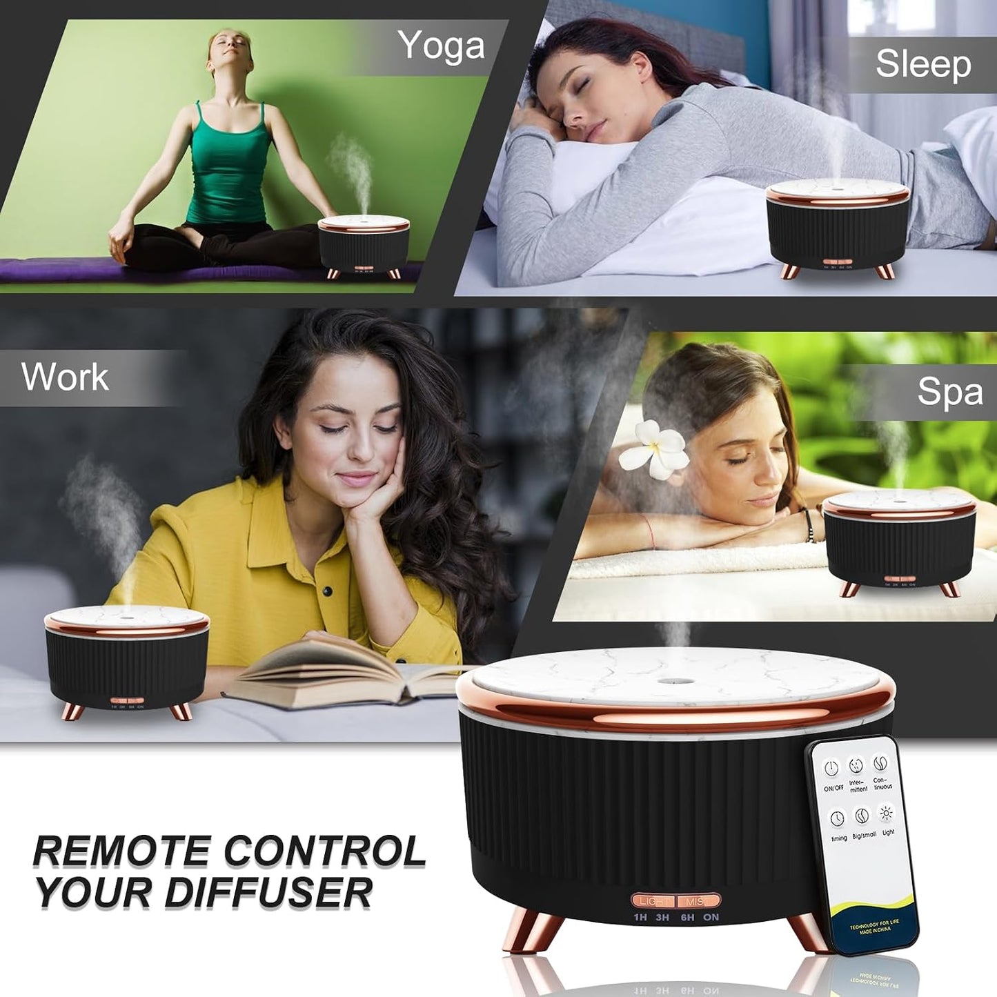 Diffusers for Essential Oils Large Room, 500ml Aromatherapy Diffuser Cool Mist Humidifier with Remote Control,7 Colors Lights & 5 Mist Mode Waterless Auto Off for Women Office Home