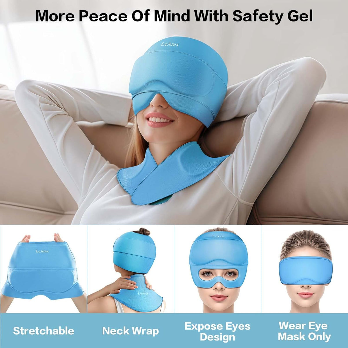 3 in 1 Migraine Relief Cap Neck Ice Pack Wrap Gel and Ice Eye Masks, Detachable Ice Caps with Eyes Masks, Hot and Cold Therapy for Relief of Headaches, Stiff Neck and Eye Fatigue (Purple)