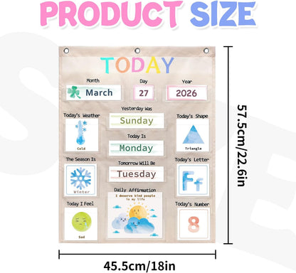 Daily Morning Board Circle Time Calendar Weather Seasons Positive Affirmations Letter Shape Number of the Day Pocket Chart,Toddler Preschool Calendar,Homeschool Morning Work Activity, Pastel Design