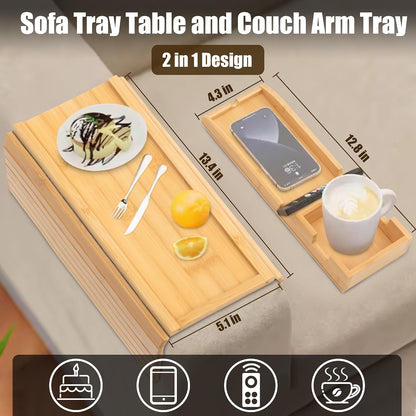 Bamboo Couch Cup Holder, Foldable and Anti-Slip Sofa Arm Table with Detachable Sofa Arm Organizer Tray, Portable 2 in 1 Sofa Armrest Tray for Drink, Coffee, Cup, Remote, Snacks, Cellphone, Glasses