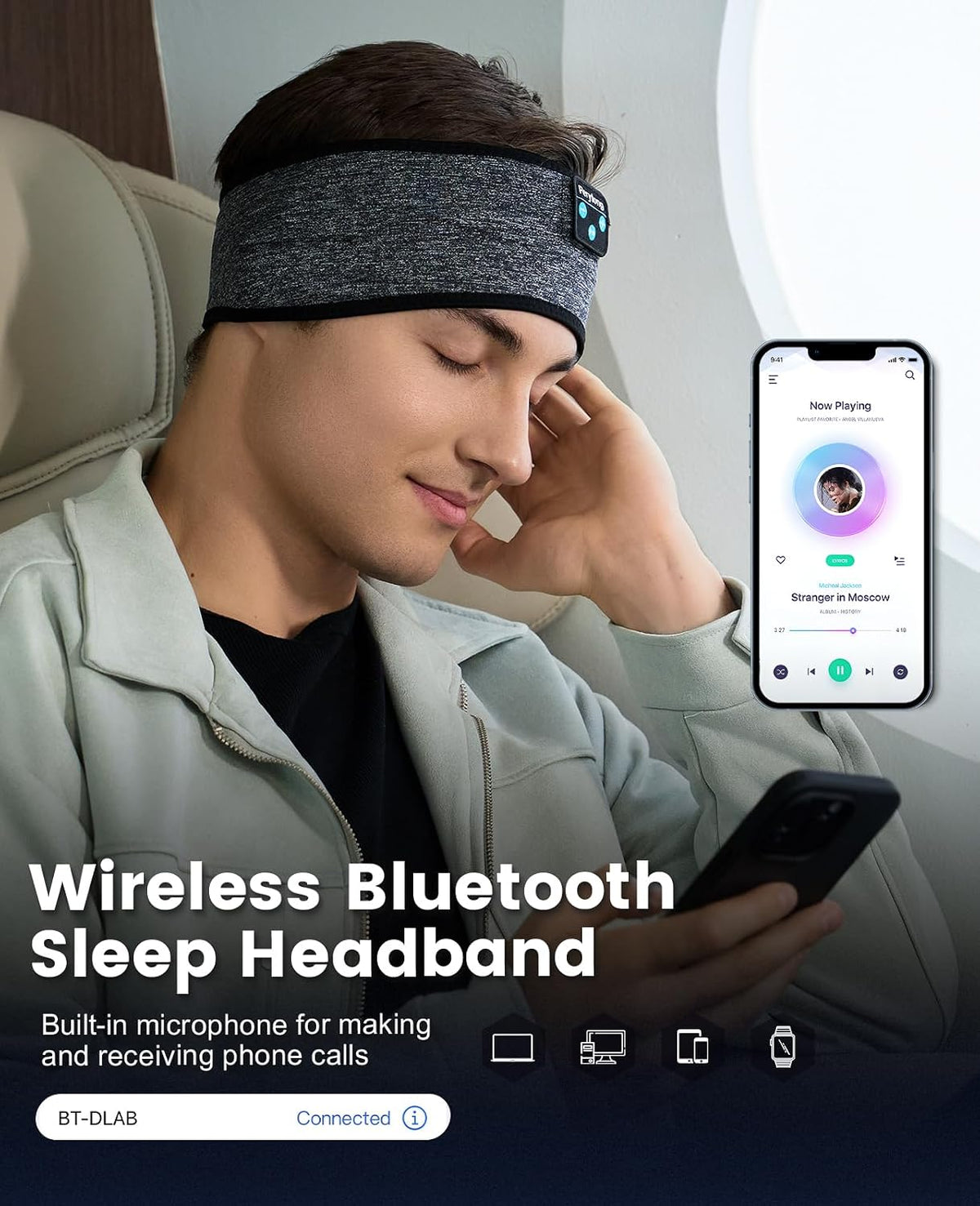 Perytong Sleeping Headphones Bluetooth Headband, Soft Long Time Play Sleeping Headsets with Built in Speakers Perfect for Workout,Running,Yoga,Travel, Darkgray
