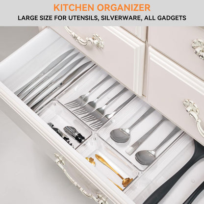 6 Pack Large Clear Plastic Drawer Organizer Trays, Acrylic Kitchen Drawer Organization and Storage Dividers, Non-Slip Storage Bins for Makeup, Kitchen Utensils, Bathroom, Jewelries and Office Desk